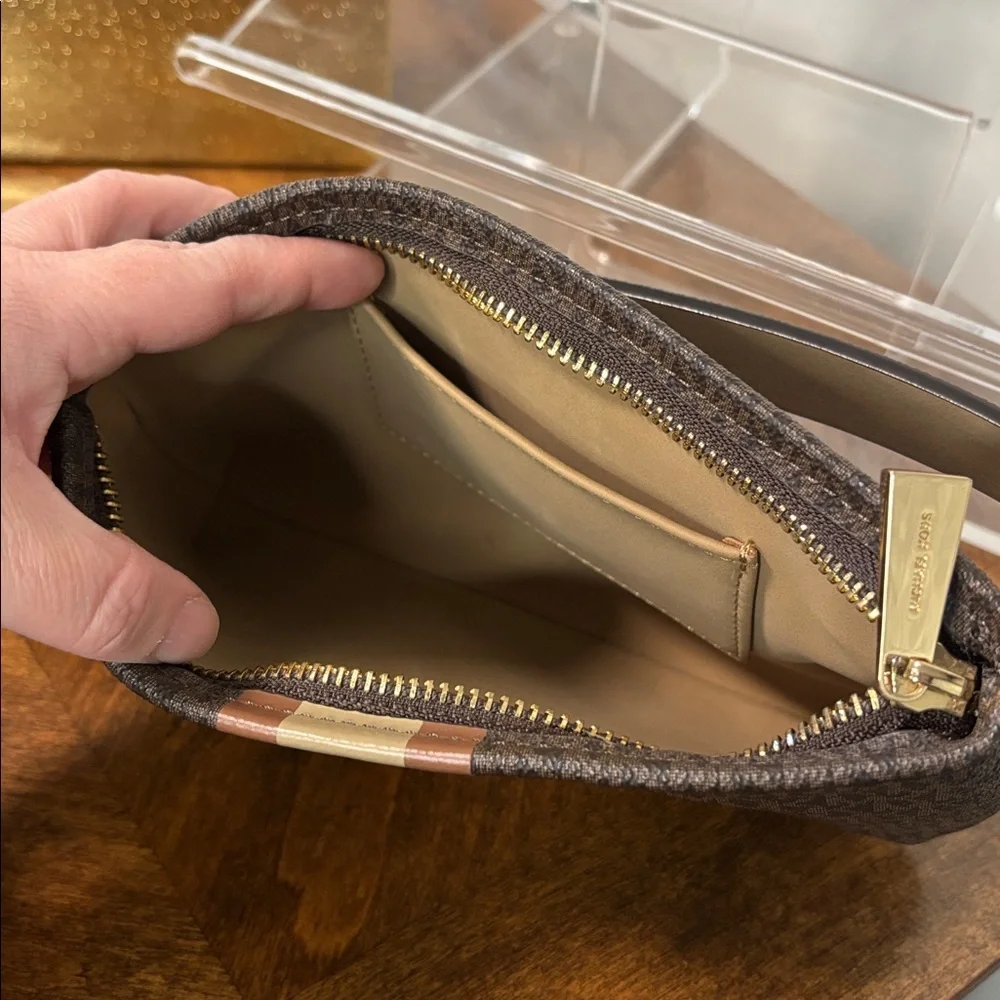 Michael Kors Monogram Crossbody Bag Brown Stripe Adjustable Belt Bag MK Signatu